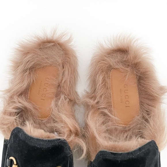 Gucci Princetown Fur Slipper EU 40 US 10 Black Velvet Horsebit Mule Loafer Flat - Picture 4 of 11